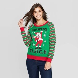 Mighty Fine Christmas Sweater Women/Junior Size XL Santa You Better Sleigh